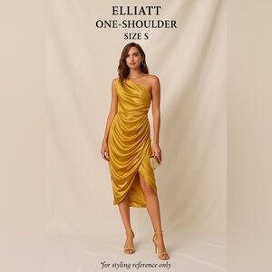 Elliatt One-Shoulder Gold Satin Cocktail Dress – Size S | Luxe Drape Detail